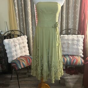 David Meister Olive Green Strapless Ruffle Midi Dress